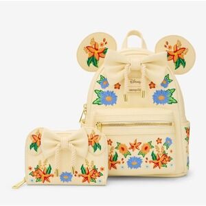 Disney Loungefly Minnie Mouse Bow Floral Embroidered Mini Backpack & Wallet Set!